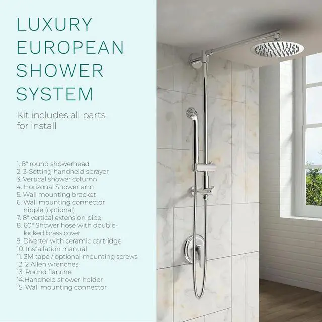 Alt view image 3 of 7 - Polaris 3 Retrofit Rain Shower System, 3-Setting Handheld Shower Combo with Slide Bar, 8" Low Profile Shower Head (2.5 GPM Chrome)