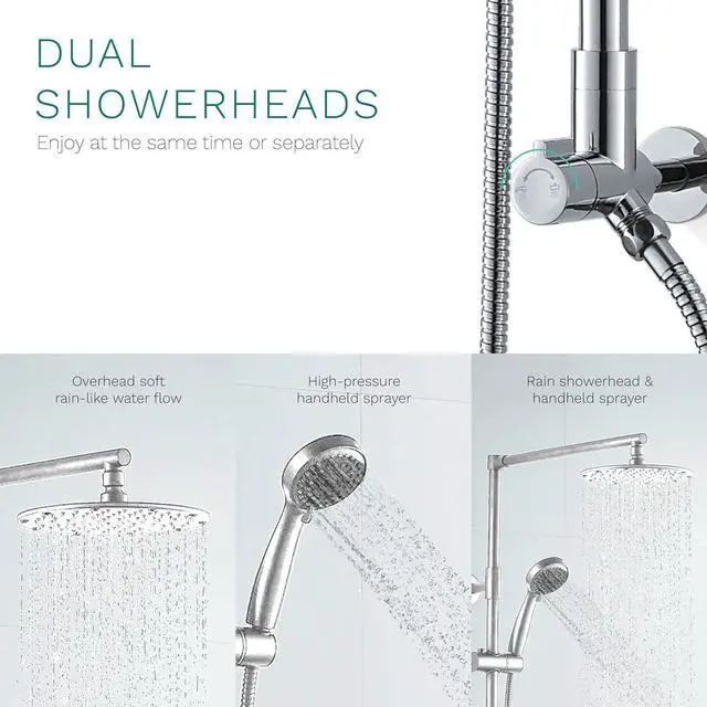 Alt view image 4 of 7 - Polaris 3 Retrofit Rain Shower System, 3-Setting Handheld Shower Combo with Slide Bar, 8" Low Profile Shower Head (2.5 GPM Chrome)