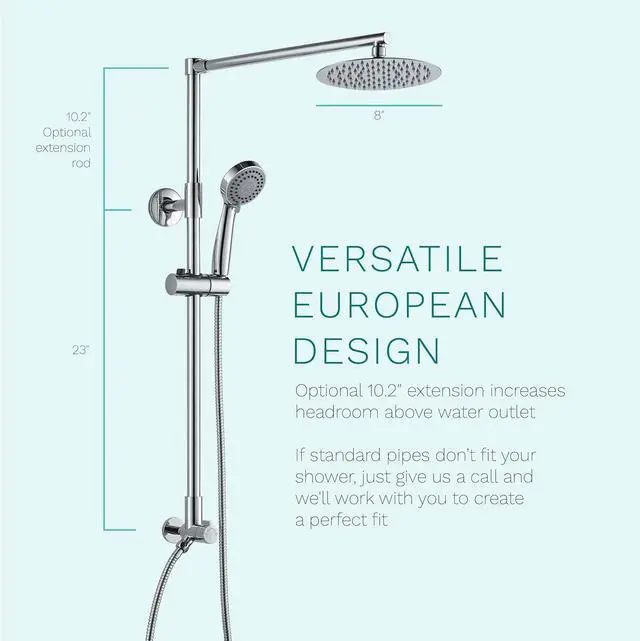 Alt view image 6 of 7 - Polaris 3 Retrofit Rain Shower System, 3-Setting Handheld Shower Combo with Slide Bar, 8" Low Profile Shower Head (2.5 GPM Chrome)