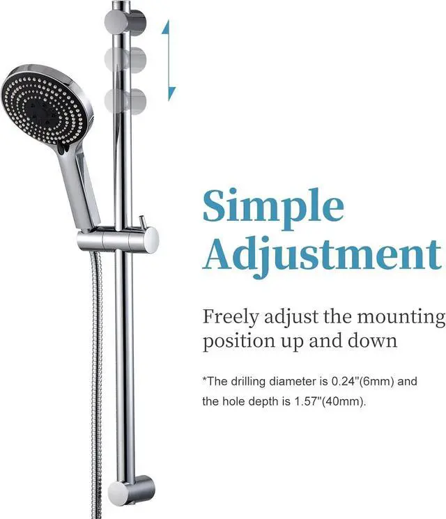 Alt view image 3 of 7 - OFFO Shower Slide Bar Combo, Adjustable 27-inch Slide Bar with 6-Mode High Pressure Handheld Shower Head and 60-inch Stainless Steel Hose, Screw Wall Mounted, Chrome