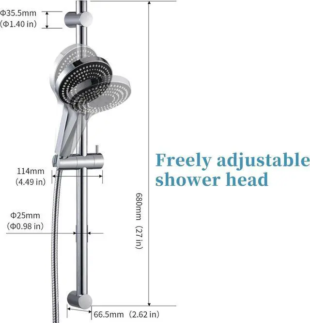 Alt view image 6 of 7 - OFFO Shower Slide Bar Combo, Adjustable 27-inch Slide Bar with 6-Mode High Pressure Handheld Shower Head and 60-inch Stainless Steel Hose, Screw Wall Mounted, Chrome