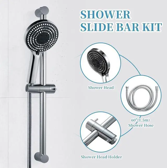 Alt view image 7 of 7 - OFFO Shower Slide Bar Combo, Adjustable 27-inch Slide Bar with 6-Mode High Pressure Handheld Shower Head and 60-inch Stainless Steel Hose, Screw Wall Mounted, Chrome