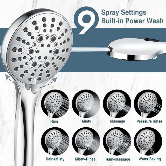 Alt view image 2 of 7 - BRIGHT SHOWERS High Pressure Shower Head with Handheld, 9 Spray Settings Showerhead Built in Power Wash to Clean Tub and Pets, Extra Long 69" Hose, Adjustable Bracket, Chrome