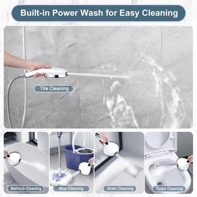 Alt view image 3 of 7 - BRIGHT SHOWERS High Pressure Shower Head with Handheld, 9 Spray Settings Showerhead Built in Power Wash to Clean Tub and Pets, Extra Long 69" Hose, Adjustable Bracket, Chrome