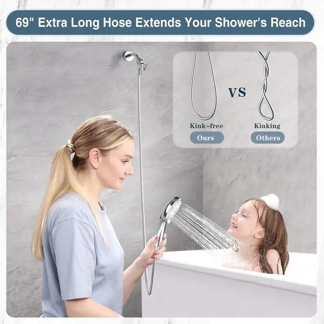 Alt view image 6 of 7 - BRIGHT SHOWERS High Pressure Shower Head with Handheld, 9 Spray Settings Showerhead Built in Power Wash to Clean Tub and Pets, Extra Long 69" Hose, Adjustable Bracket, Chrome