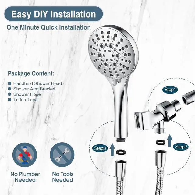 Alt view image 7 of 7 - BRIGHT SHOWERS High Pressure Shower Head with Handheld, 9 Spray Settings Showerhead Built in Power Wash to Clean Tub and Pets, Extra Long 69" Hose, Adjustable Bracket, Chrome
