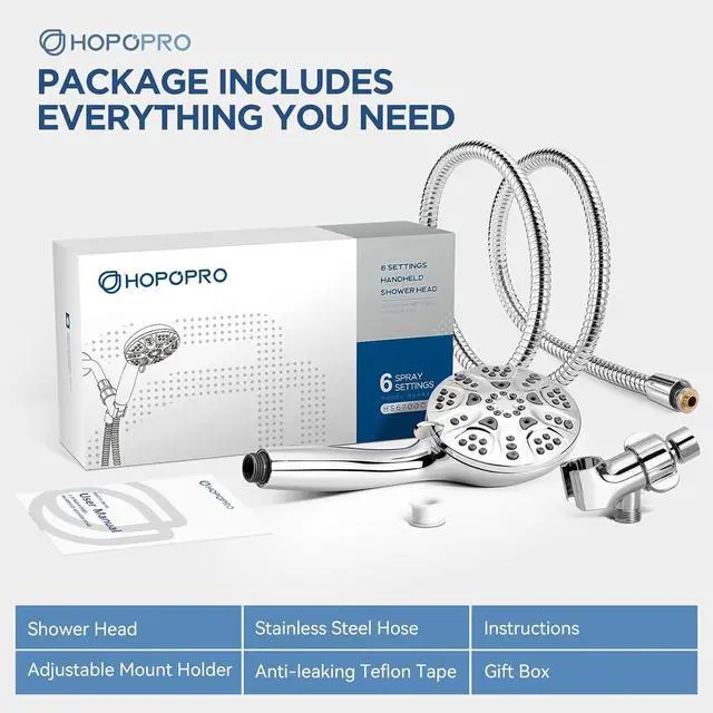 Alt view image 7 of 7 - 6-Mode High Pressure Handheld Shower Head Set Consumer Reports Recommended High Flow Hand Held Showerhead with 59 Inch Hose Bracket Teflon Tape Rubber Washers