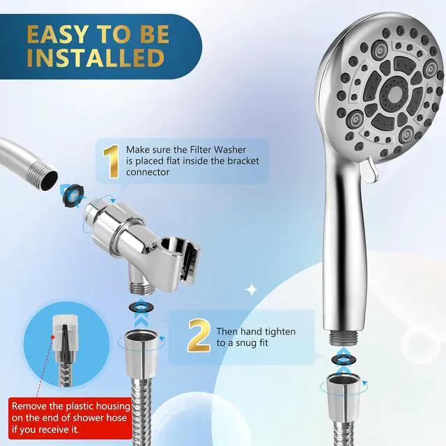 Alt view image 5 of 7 - 6 Spray Modes High Pressure Handheld Showerhead Set Upgraded 5 Inches Shower Head with Handheld Spray Premium Chrome Handheld Shower Head 60 Inches Stainless Steel Hose-1-Min Install
