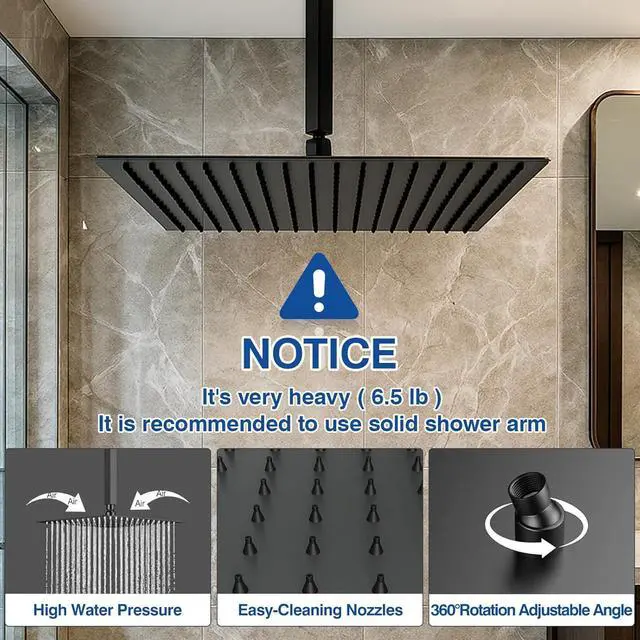 Alt view image 4 of 6 - 16 Inch Large Rain Shower Head - Matte Black Ceiling Rainfall Showerhead 304 Stainless Steel High Pressure