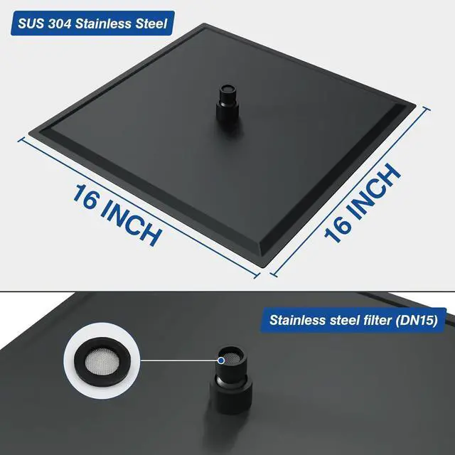 Alt view image 2 of 6 - 16 Inch Large Rain Shower Head - Matte Black Ceiling Rainfall Showerhead 304 Stainless Steel High Pressure
