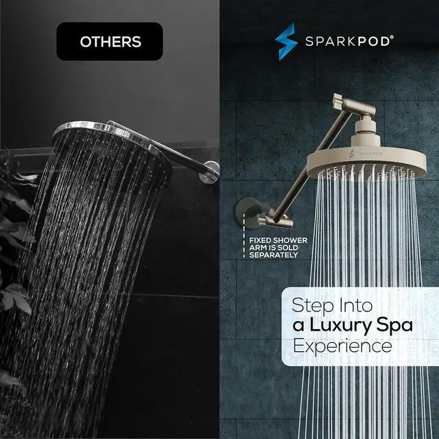 Alt view image 2 of 7 - SparkPod Round Rain Shower Head with Extension Arm - Height Adjustable Shower Head with High Pressure Performance - Easy 1-Minute Installation (11" Arm Extension, Elegant Brushed Nickel)