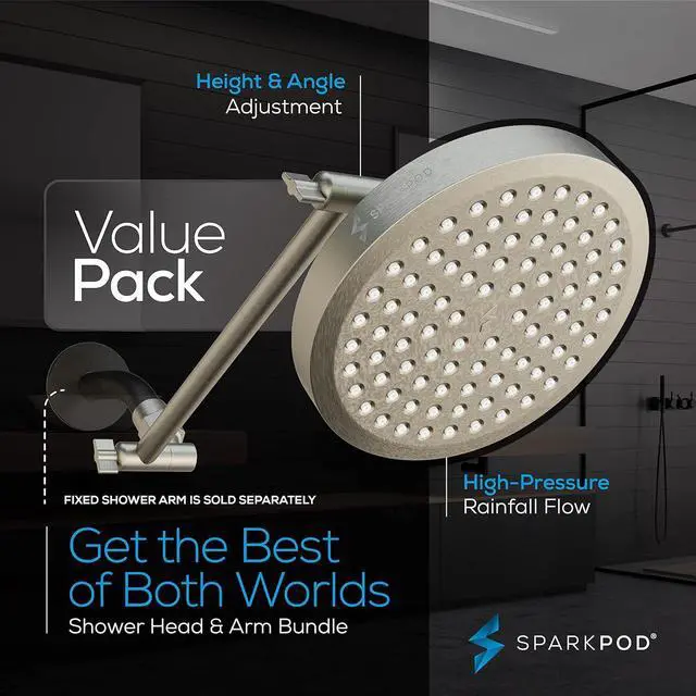 Alt view image 3 of 7 - SparkPod Round Rain Shower Head with Extension Arm - Height Adjustable Shower Head with High Pressure Performance - Easy 1-Minute Installation (11" Arm Extension, Elegant Brushed Nickel)