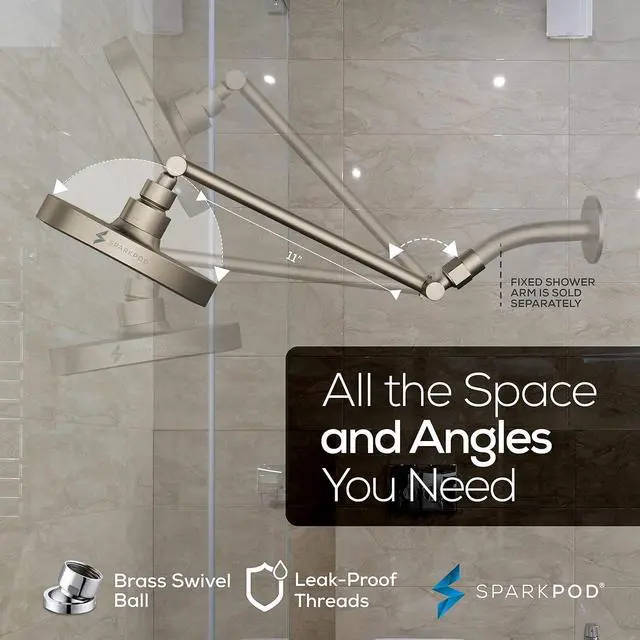 Alt view image 5 of 7 - SparkPod Round Rain Shower Head with Extension Arm - Height Adjustable Shower Head with High Pressure Performance - Easy 1-Minute Installation (11" Arm Extension, Elegant Brushed Nickel)