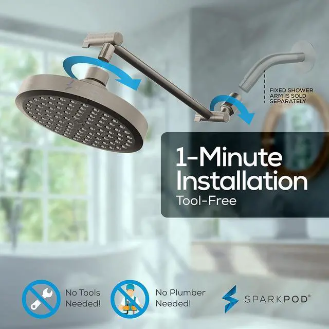 Alt view image 6 of 7 - SparkPod Round Rain Shower Head with Extension Arm - Height Adjustable Shower Head with High Pressure Performance - Easy 1-Minute Installation (11" Arm Extension, Elegant Brushed Nickel)