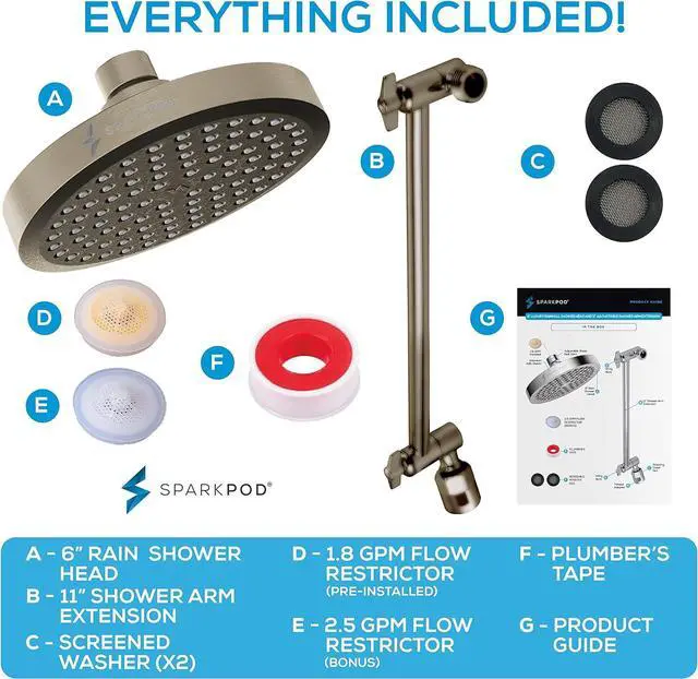 Alt view image 7 of 7 - SparkPod Round Rain Shower Head with Extension Arm - Height Adjustable Shower Head with High Pressure Performance - Easy 1-Minute Installation (11" Arm Extension, Elegant Brushed Nickel)