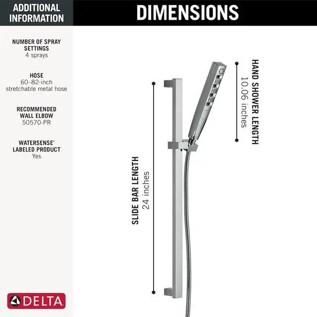 Alt view image 2 of 6 - Delta Faucet Tetra H2Okinetic Slide Bar Hand Held Shower with Hose, Chrome Handheld Shower Head, Slide Bar Hand Shower, Handheld Shower, Detachable Shower Head, Lumicoat Chrome 51140-PR