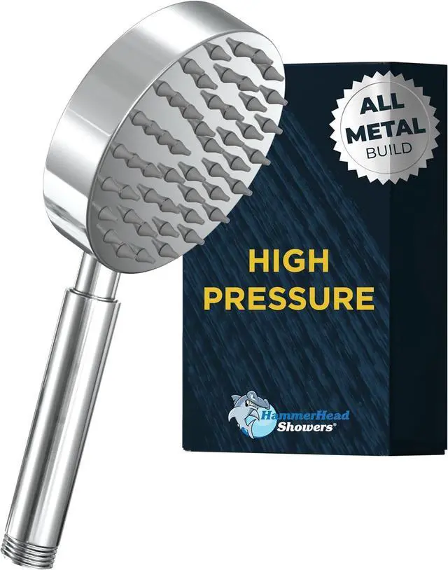 Main image of HammerHead Showers® ALL METAL Hand Held Shower Head - CHROME - 2.5 GPM High Pressure Shower Heads 4 Inch Spray Wand, No Flow Restrictor | Made from 304 Stainless Steel with Silicone Nozzles
