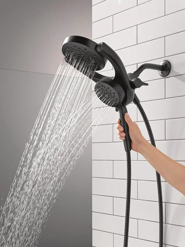 Alt view image 2 of 7 - Delta Faucet 5-Setting HydroRain 2-in-1 Dual Shower Head with ProClean Spray, Matte Black Round Shower Head with Hose, Hand Held Shower Head, Matte Black 75419BL