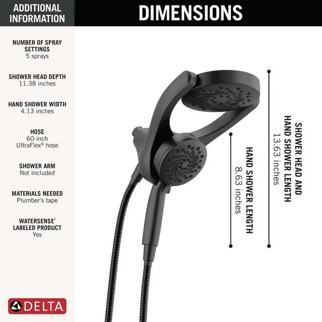 Alt view image 3 of 7 - Delta Faucet 5-Setting HydroRain 2-in-1 Dual Shower Head with ProClean Spray, Matte Black Round Shower Head with Hose, Hand Held Shower Head, Matte Black 75419BL