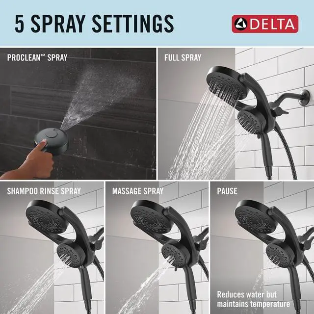 Alt view image 6 of 7 - Delta Faucet 5-Setting HydroRain 2-in-1 Dual Shower Head with ProClean Spray, Matte Black Round Shower Head with Hose, Hand Held Shower Head, Matte Black 75419BL