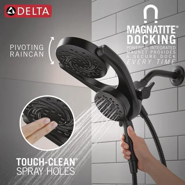 Alt view image 7 of 7 - Delta Faucet 5-Setting HydroRain 2-in-1 Dual Shower Head with ProClean Spray, Matte Black Round Shower Head with Hose, Hand Held Shower Head, Matte Black 75419BL