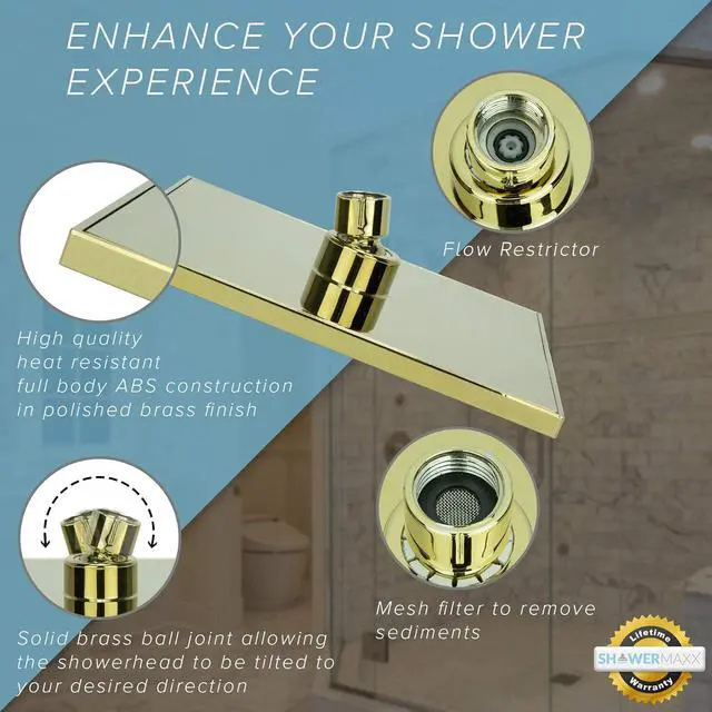 Alt view image 4 of 7 - Luxury Spa Series: ImperialShine Gold Rain Shower Head, 8-Inch Square Rain Showerhead with 360 Tilt, Experience Rainfall with MAXX Comfort and Elegance (Polished Brass/ImperialShine Gold)