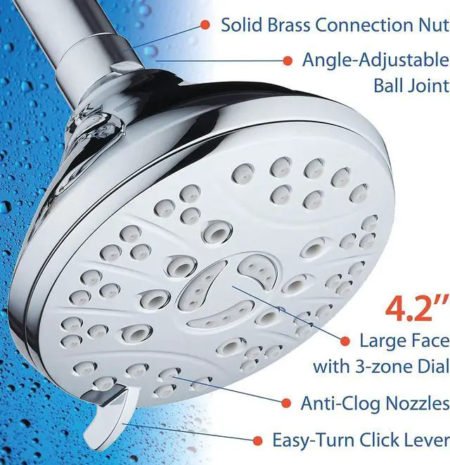 Alt view image 7 of 7 - High Pressure 6-setting Luxury Rain Shower Head  Extra Large Face  Anti Clog Jets  Solid Brass Connection Ball Joint  Angle Adjustable  All Chrome Finish