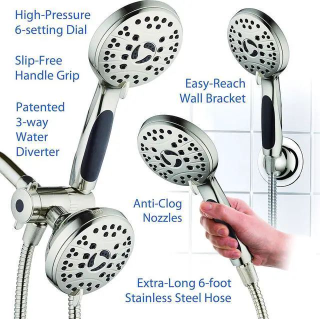 Alt view image 6 of 7 - High Pressure 48-mode Luxury 3-way Combo  Dual Rain & Handheld Shower Head  6 Foot Stainless Steel Hose  Anti Slip Grip  All Brushed Nickel Finish  Top US Brand  Extra Wall Bracket