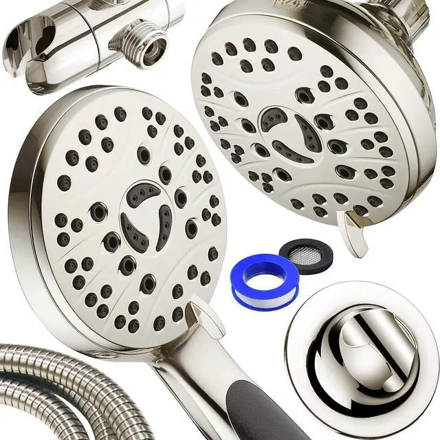 Alt view image 7 of 7 - High Pressure 48-mode Luxury 3-way Combo  Dual Rain & Handheld Shower Head  6 Foot Stainless Steel Hose  Anti Slip Grip  All Brushed Nickel Finish  Top US Brand  Extra Wall Bracket