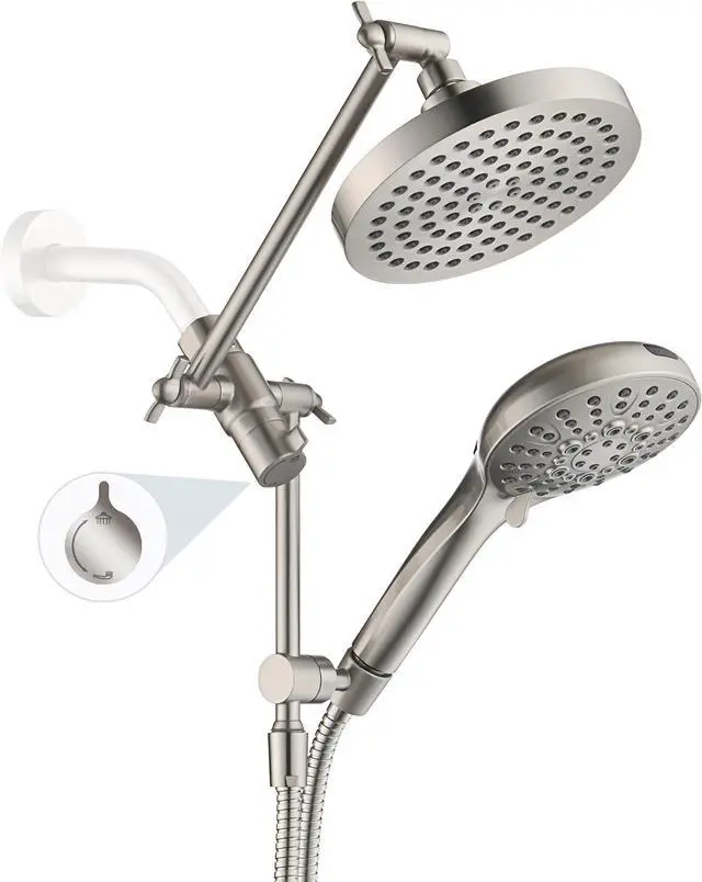 Main image of BRIGHT SHOWERS Rain Shower Head with Handheld Spray Built-in Power Wash, High Pressure Dual Shower Head with Adjustable Extension Arm, 3-Way Diverter, 9-Mode Handheld, 69 Long Hose, Brushed Nickel