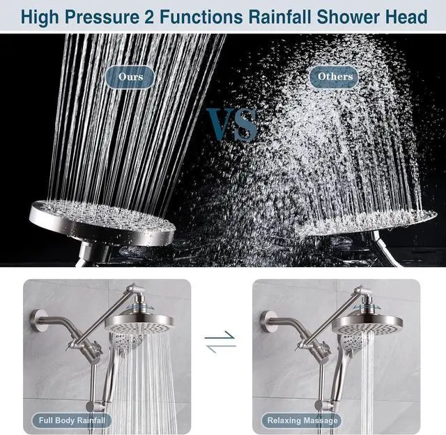 Alt view image 3 of 6 - BRIGHT SHOWERS Rain Shower Head with Handheld Spray Built-in Power Wash, High Pressure Dual Shower Head with Adjustable Extension Arm, 3-Way Diverter, 9-Mode Handheld, 69 Long Hose, Brushed Nickel