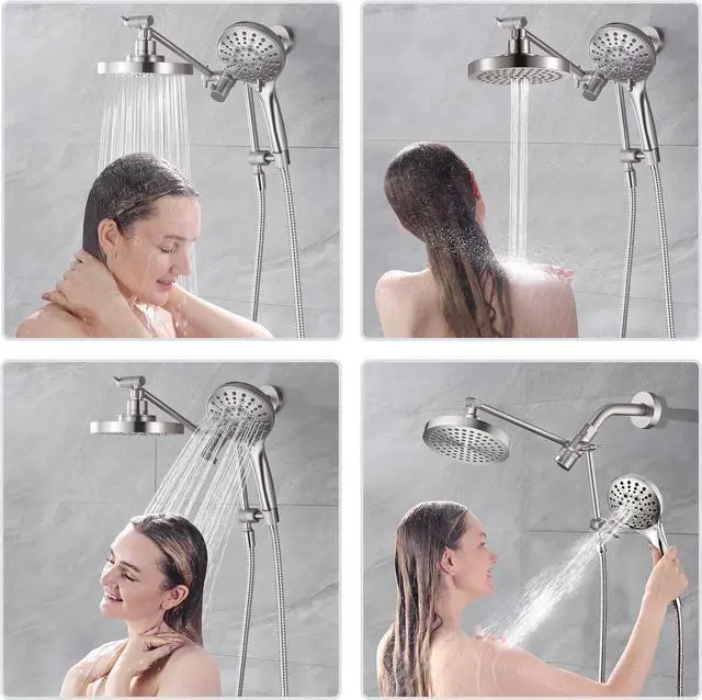 Alt view image 4 of 6 - BRIGHT SHOWERS Rain Shower Head with Handheld Spray Built-in Power Wash, High Pressure Dual Shower Head with Adjustable Extension Arm, 3-Way Diverter, 9-Mode Handheld, 69 Long Hose, Brushed Nickel