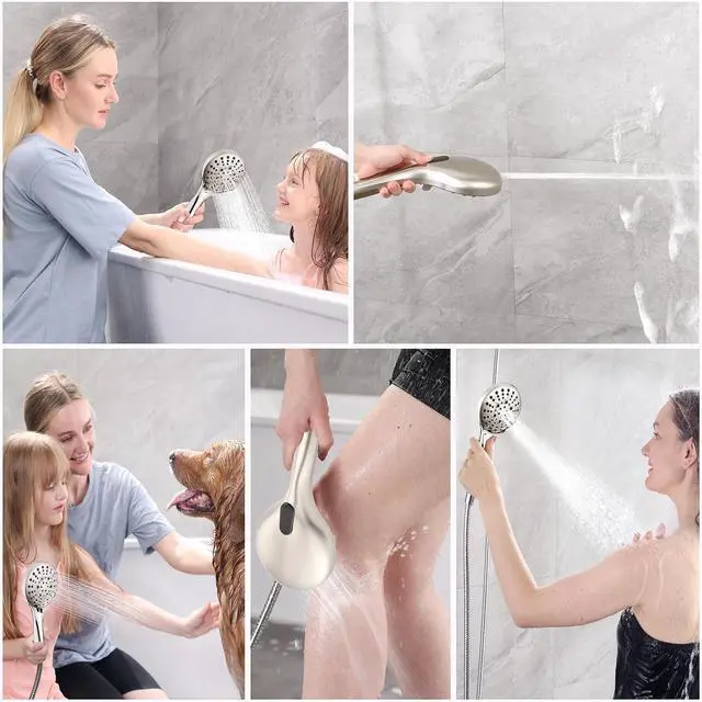 Alt view image 5 of 6 - BRIGHT SHOWERS Rain Shower Head with Handheld Spray Built-in Power Wash, High Pressure Dual Shower Head with Adjustable Extension Arm, 3-Way Diverter, 9-Mode Handheld, 69 Long Hose, Brushed Nickel