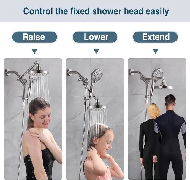 Alt view image 6 of 6 - BRIGHT SHOWERS Rain Shower Head with Handheld Spray Built-in Power Wash, High Pressure Dual Shower Head with Adjustable Extension Arm, 3-Way Diverter, 9-Mode Handheld, 69 Long Hose, Brushed Nickel