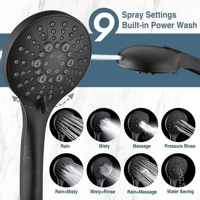 Alt view image 2 of 7 - BRIGHT SHOWERS High Pressure Shower Head with Handheld, 9 Spray Settings Showerhead Built in Power Wash to Clean Tub and Pets, Extra Long 69" Hose, Adjustable Bracket, Oil-Rubbed Bronze