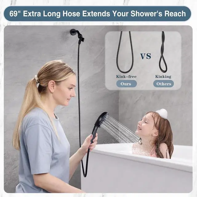 Alt view image 6 of 7 - BRIGHT SHOWERS High Pressure Shower Head with Handheld, 9 Spray Settings Showerhead Built in Power Wash to Clean Tub and Pets, Extra Long 69" Hose, Adjustable Bracket, Oil-Rubbed Bronze