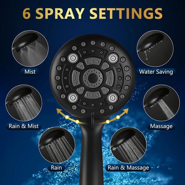 Alt view image 2 of 7 - 6 Spray Modes High Pressure Handheld Showerhead Set Upgraded 5 Inches Shower Head with Handheld Spray Black Handheld Shower Head 60 Inches Stainless Steel Hose-1-Min Install