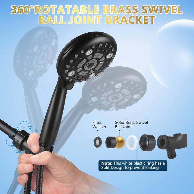 Alt view image 5 of 7 - 6 Spray Modes High Pressure Handheld Showerhead Set Upgraded 5 Inches Shower Head with Handheld Spray Black Handheld Shower Head 60 Inches Stainless Steel Hose-1-Min Install