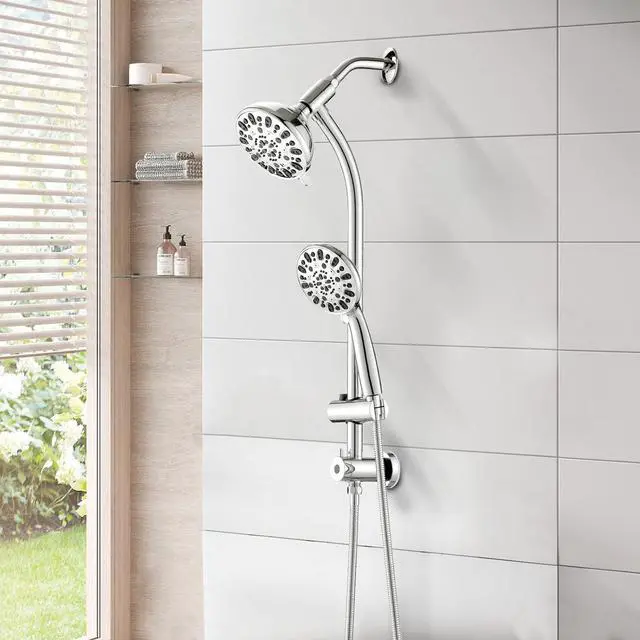 Alt view image 2 of 7 - High Pressure 48-Settings Shower Head with Handheld Shower,Drill-Free 3-Way Diverter for Easy Reach,Adjustable Height Slide Bar Dual Shower Head Combo Set - Chrome