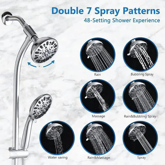 Alt view image 4 of 7 - High Pressure 48-Settings Shower Head with Handheld Shower,Drill-Free 3-Way Diverter for Easy Reach,Adjustable Height Slide Bar Dual Shower Head Combo Set - Chrome