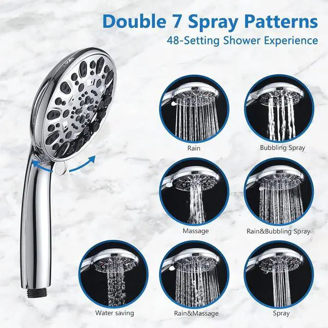 Alt view image 5 of 7 - High Pressure 48-Settings Shower Head with Handheld Shower,Drill-Free 3-Way Diverter for Easy Reach,Adjustable Height Slide Bar Dual Shower Head Combo Set - Chrome