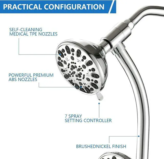 Alt view image 6 of 7 - High Pressure 48-Settings Shower Head with Handheld Shower,Drill-Free 3-Way Diverter for Easy Reach,Adjustable Height Slide Bar Dual Shower Head Combo Set - Chrome