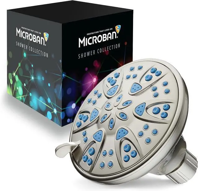 Alt view image 2 of 7 - AquaDance Antimicrobial  Anti-Clog High-Pressure 6-Setting Head with Microban Nozzle Protection from Growth of Mold, Mildew & Bacteria for Stronger Shower 4", Aqua Blue Jets  1.8 GPM