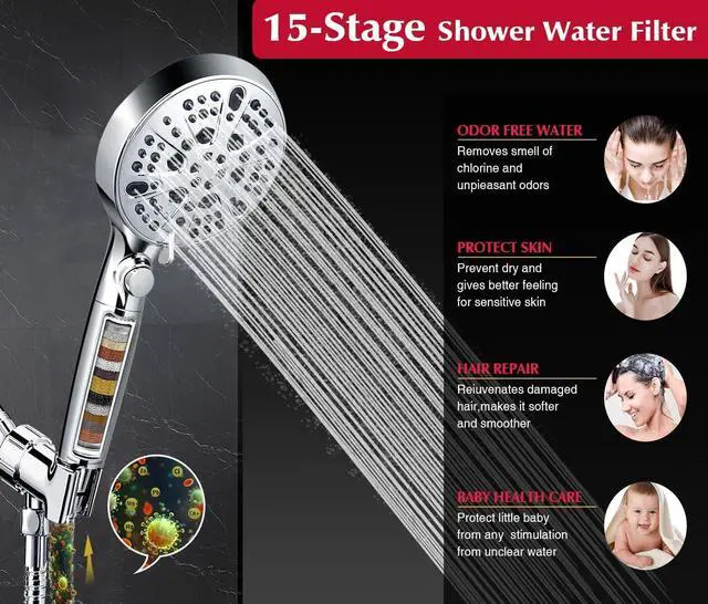 Alt view image 4 of 6 - Filtered Shower Head with Handheld, 10-Mode High Pressure Water Flow and 15 Layer Filters for Hard Water, Handheld Shower Head with 70 Long Hose, Showerhead with ON/OFF Switch for Pets Bath (Chrome)