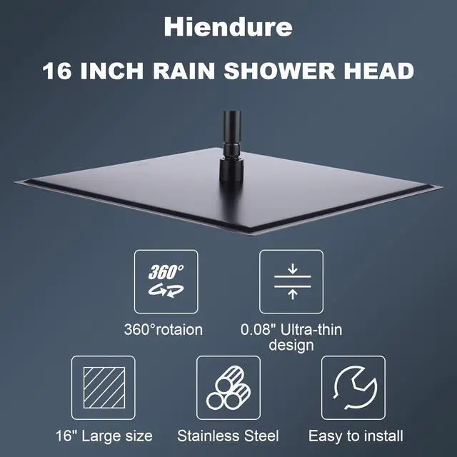 Alt view image 7 of 7 - Rain Shower Head, 16 Inch High Pressure Stainless Steel Rainfall Shower Head Square Waterfall Bath Shower with Silicone Nozzle and Adjustable Metal Swivel Ball Joint, Black