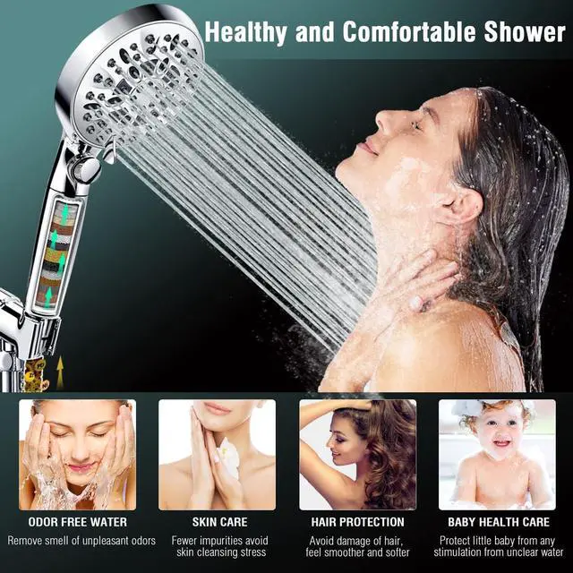 Alt view image 4 of 5 - 2.5GPM Handheld Shower Head with Filter:10 Spray Modes High Pressure Shower Head with ON/OFF Pause Switch, 15 Stage Shower Head Filter for Hard Water Remove Chlorine and Harmful Substances