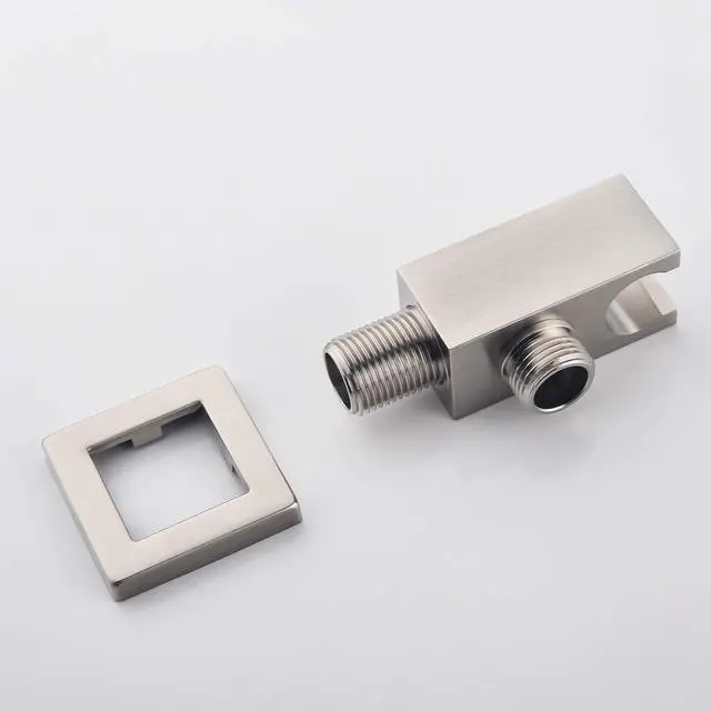Alt view image 4 of 7 - Wall Supply Elbow with Hand Shower Holder, Keymark Brass Square 1/2Shower Hose Connector, Wall Mount Drop Ell Union Water Outlet, Brushed Nickel