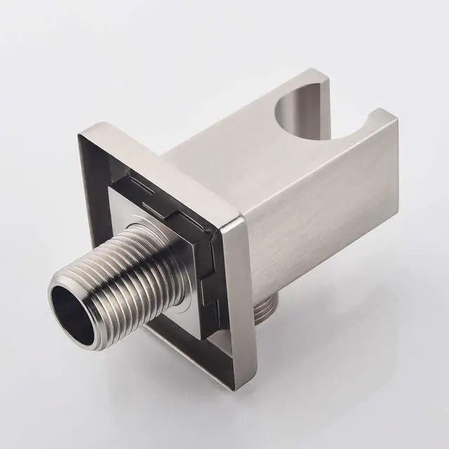 Alt view image 5 of 7 - Wall Supply Elbow with Hand Shower Holder, Keymark Brass Square 1/2Shower Hose Connector, Wall Mount Drop Ell Union Water Outlet, Brushed Nickel