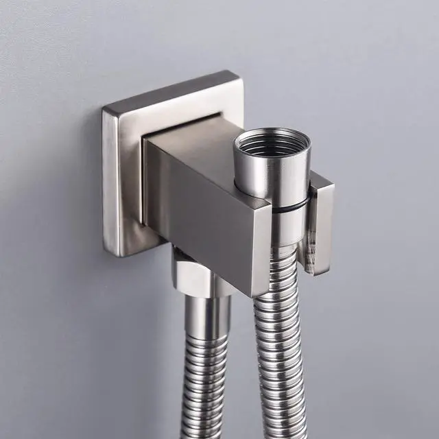 Alt view image 7 of 7 - Wall Supply Elbow with Hand Shower Holder, Keymark Brass Square 1/2Shower Hose Connector, Wall Mount Drop Ell Union Water Outlet, Brushed Nickel