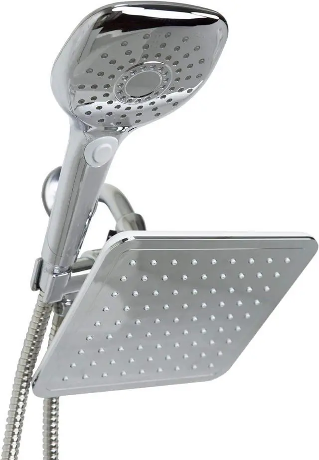 Main image of Dual Rainfall Shower Massager by Home Basics | 1.63 GPM, Chrome Finish ABS Plastic with Stainless Steel | 5 Shower Settings, Silicone Jet Nozzles, 5' Hose, 3-Way Diverter